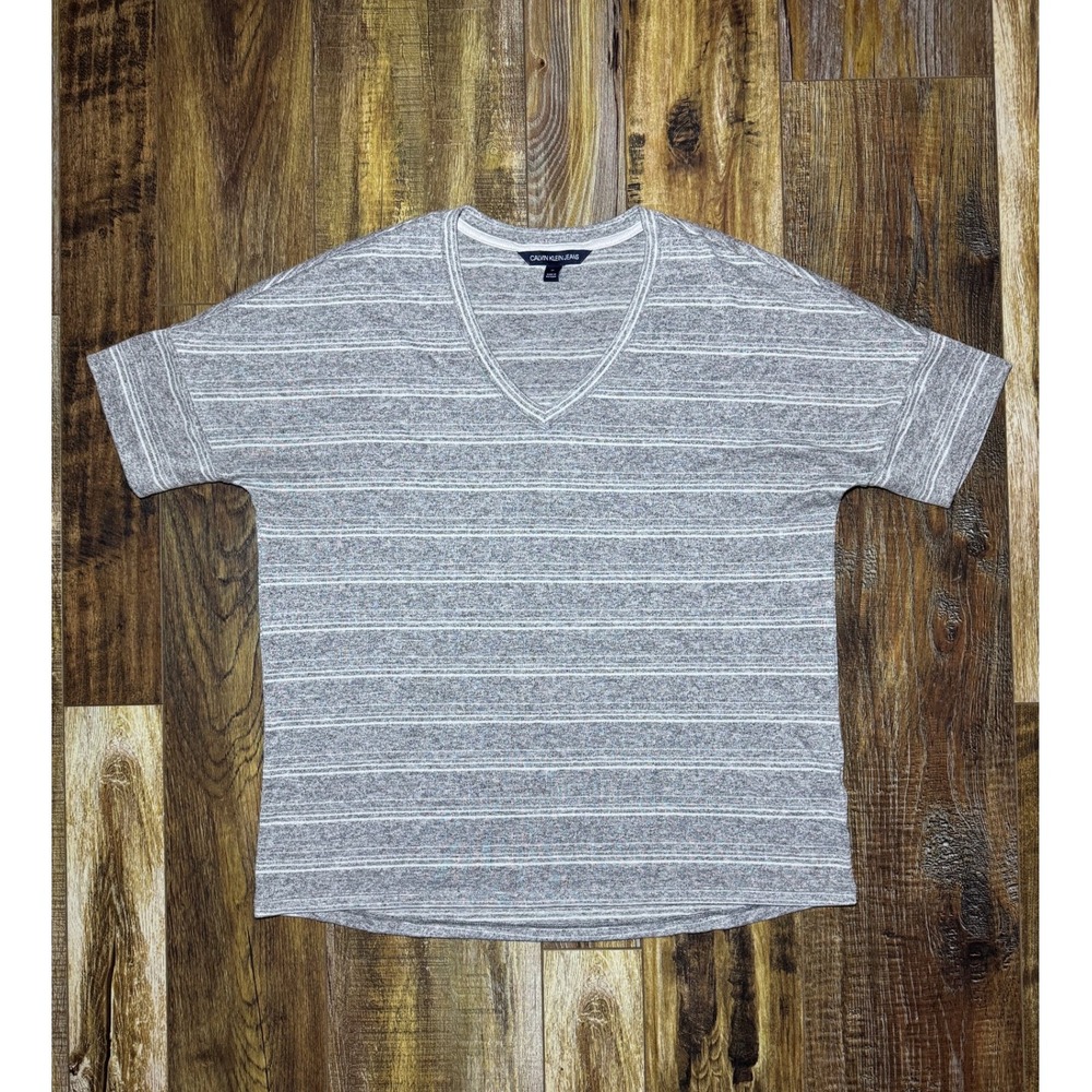 Calvin Klein Jeans Womens Sz M T-Shirt Striped‎ Gray V-Neck Top Casual Blouse